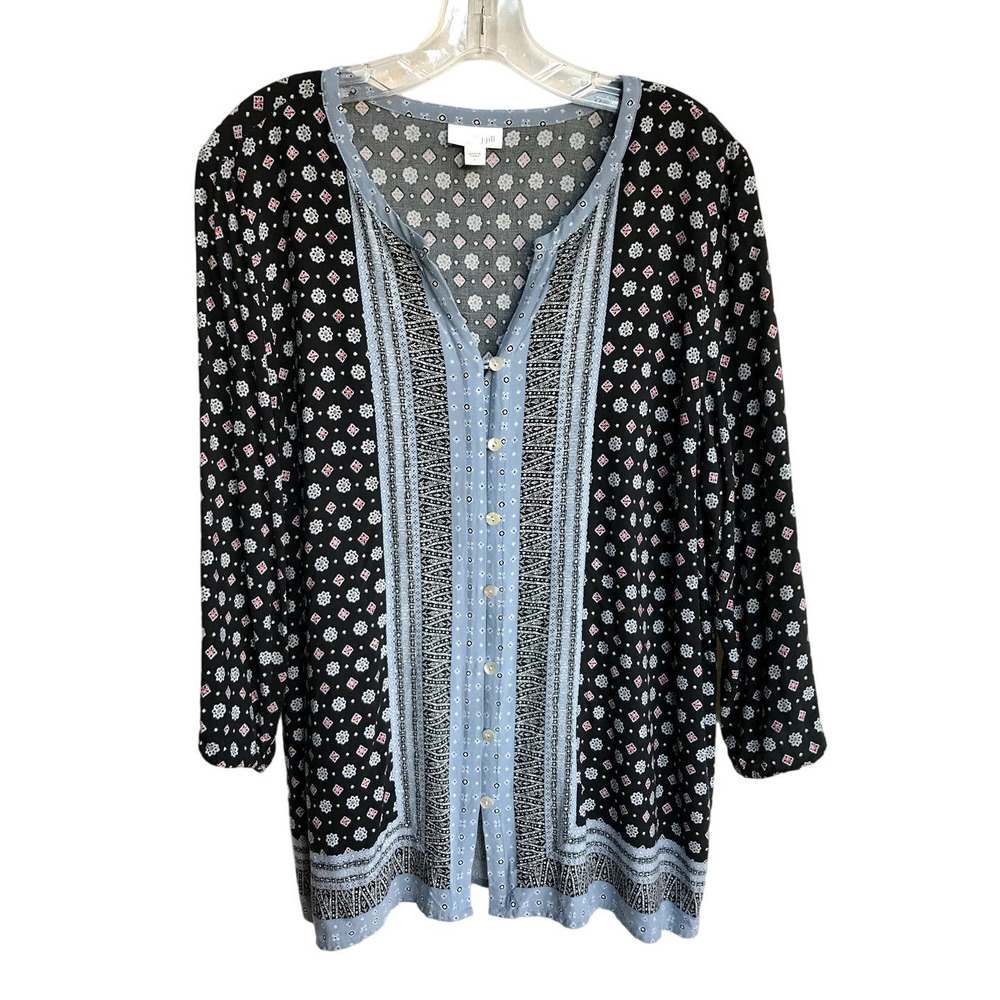 J Jill Border Print Black and Blue Multi Patterned Button Up Blouse size L
